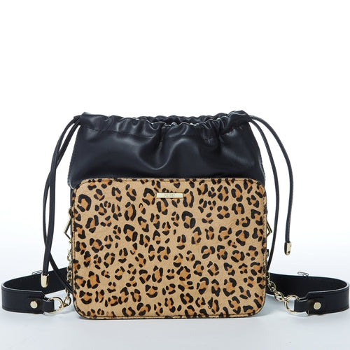 Leather Bucket Bag Leopard Black Purse Drawstring Design Medium Size