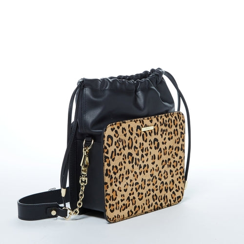 Leather Bucket Bag Leopard Black Purse Drawstring Design Medium Size