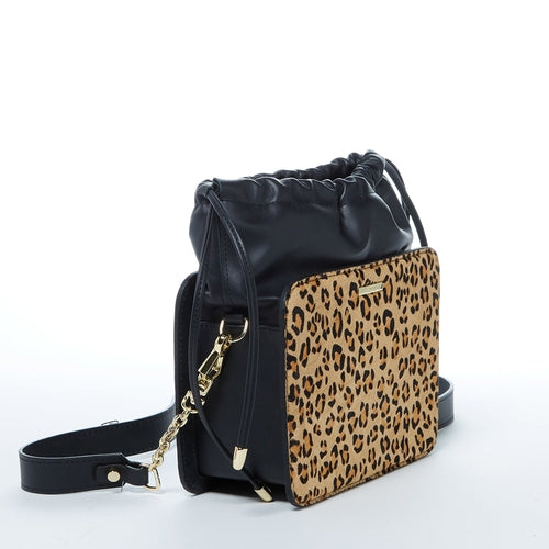 Leather Bucket Bag Leopard Black Purse Drawstring Design Medium Size