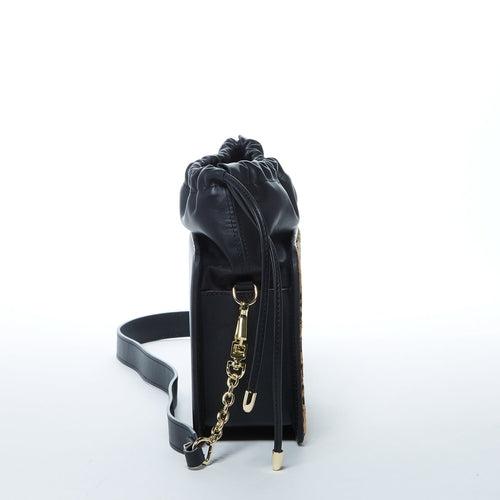 Leather Bucket Bag Leopard Black Purse Drawstring Design Medium Size