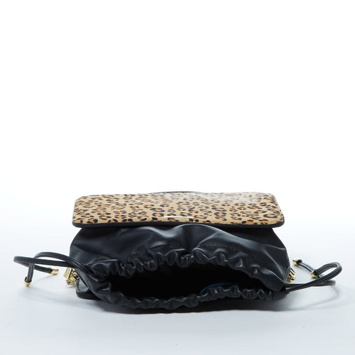 Leather Bucket Bag Leopard Black Purse Drawstring Design Medium Size