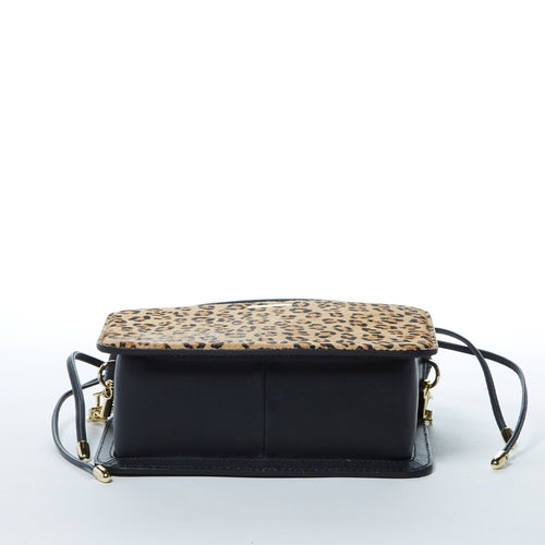 Leather Bucket Bag Leopard Black Purse Drawstring Design Medium Size