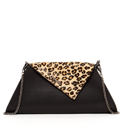 Black Leather Clutch Bag Leopard Unique Evening Purse Women's Handbag